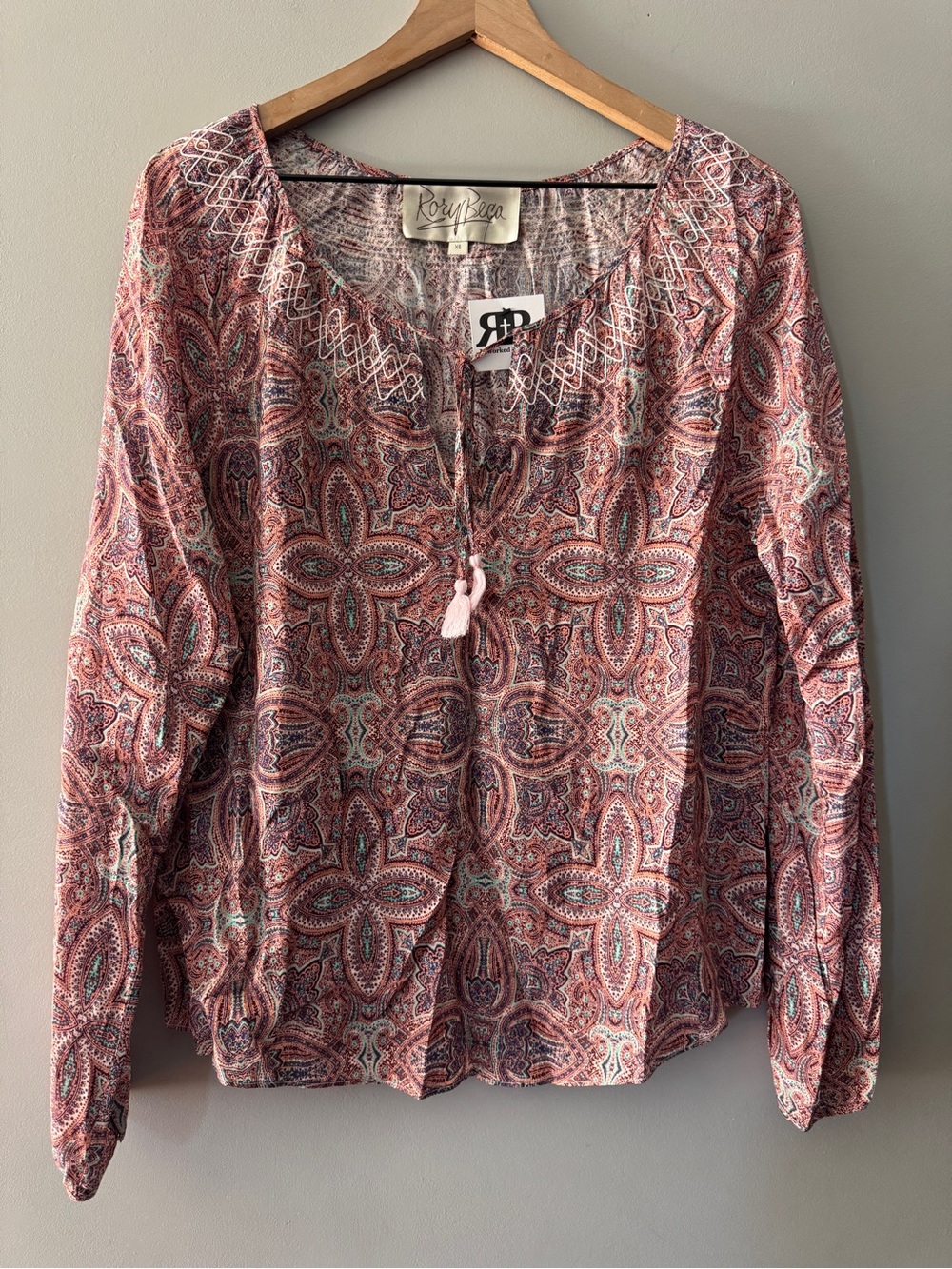 Rory Beca | Pink Paisley Long-Sleeve Peasant Top | XS